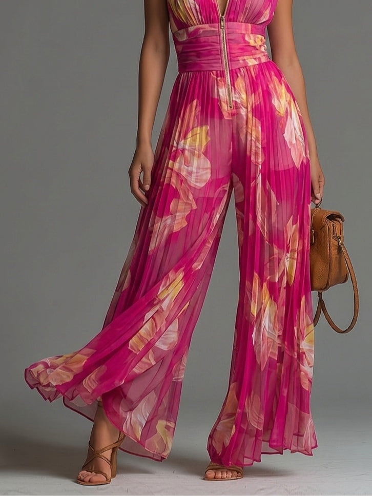 Leïla | Combinaison plissée florale fuchsia